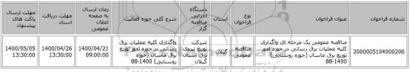 مناقصه عمومی یک مرحله ای واگذاری کلیه عملیات برق رسانی در حوزه امور توزیع برق ماسال (حوزه روستایی) 1400-88