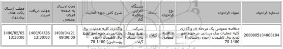 مناقصه عمومی یک مرحله ای واگذاری کلیه عملیات برق رسانی در حوزه امور توزیع برق لاهیجان (حوزه روستایی) 1400-70