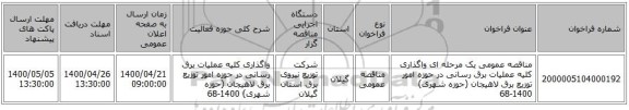 مناقصه عمومی یک مرحله ای واگذاری کلیه عملیات برق رسانی در حوزه امور توزیع برق لاهیجان (حوزه شهری) 1400-68