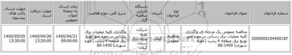 مناقصه عمومی یک مرحله ای واگذاری کلیه عملیات برق رسانی در حوزه امور توزیع برق منطقه 4 رشت (حوزه شهری) 1400-60