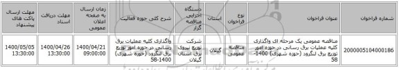 مناقصه عمومی یک مرحله ای واگذاری کلیه عملیات برق رسانی در حوزه امور توزیع برق لنگرود (حوزه شهری) 1400-58