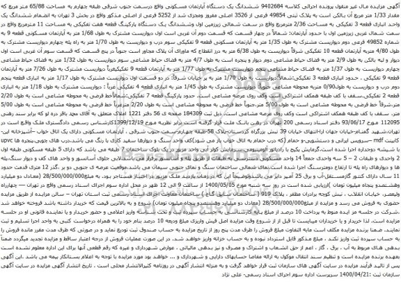 آگهی مزایده ششدانگ یک دستگاه آپارتمان مسکونی واقع درسمت جنوب شرقی طبقه چهارم به مساحت 65/88 متر مربع 