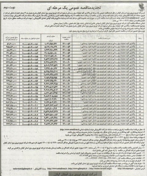 تجدید مناقصه، تجدید مناقصه واگذاری کلیه عملیات برق رسانی 