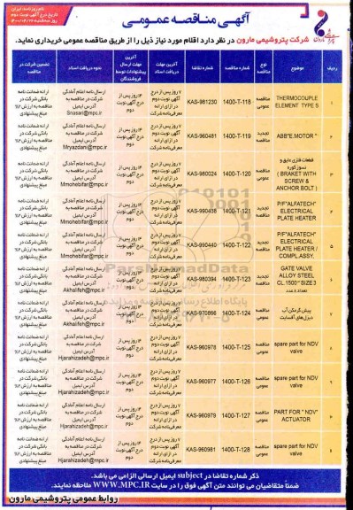 مناقصه THERMOCOUPLE ELEMENT TYPE S .... نوبت دوم