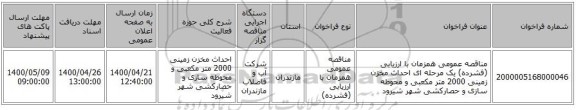 مناقصه عمومی همزمان با ارزیابی (فشرده) یک مرحله ای احداث مخزن زمینی 2000 متر مکعبی و محوطه سازی و حصارکشی شهر شیرود