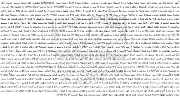 آگهی مزایده ششدانگ پلاک ثبتی 116 فرعی از 5021 اصلی