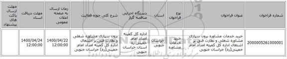 خرید خدمات مشاوره برون سپاری مشاوره شغلی و نظارت فنی بر اشتغال اداره کل کمیته امداد امام خمینی(ره) خراسان جنوبی 