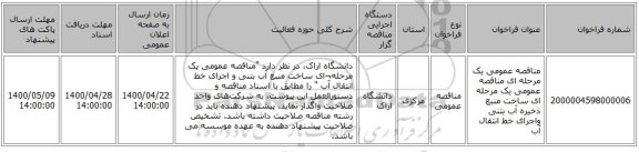 مناقصه عمومی یک مرحله ای مناقصه عمومی یک مرحله ای ساخت منبع ذخیره آب بتنی واجرای خط انتقال آب