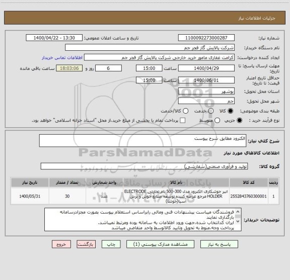 استعلام الکترود مطابق شرح پیوست