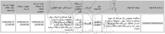 مناقصه عمومی یک مرحله ای تهیه مصالح و اجرای دیوار ، محوطه سازی و احداث اطاقک ایستگاه tbs شماره5 علی آباد و ایستگاه cps و tbs شماره 2 رامیان