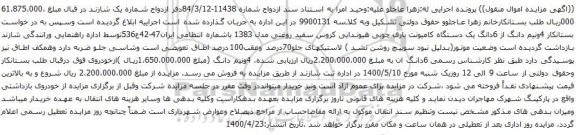 آگهی مزایده 6دانگ یک دستگاه کامیونت باری چوبی هیوندایی 