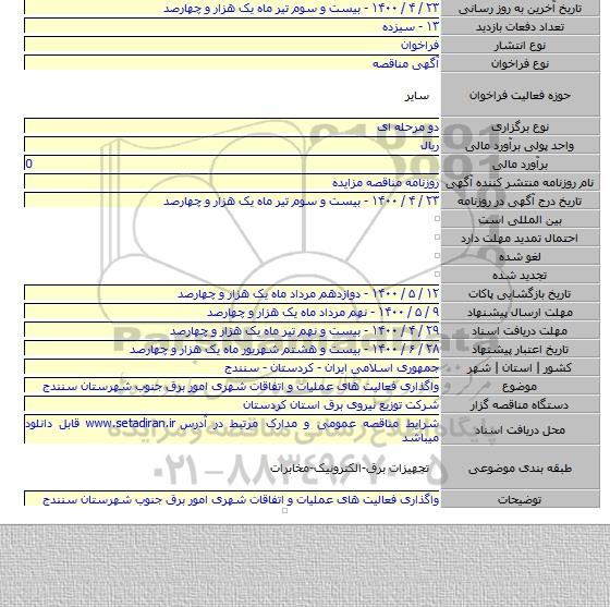 واگذاری فعالیت های عملیات و اتفاقات شهری امور برق جنوب شهرستان سنندج