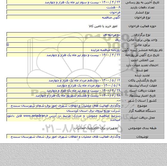 واگذاری فعالیت های عملیات و اتفاقات شهری امور برق شمال شهرستان سنندج