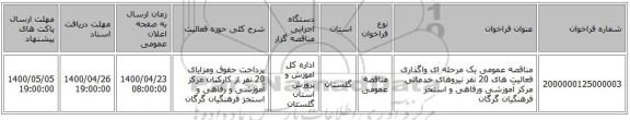 مناقصه عمومی یک مرحله ای واگذاری فعالیت های 20 نفر نیروهای خدماتی مرکز آموزشی ورفاهی و استخر فرهنگیان گرگان