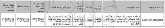 مناقصه عمومی یک مرحله ای واگذاری کلیه عملیات برق رسانی در حوزه امور توزیع برق لنگرود (حوزه روستایی) 1400-55