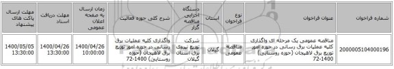 مناقصه عمومی یک مرحله ای واگذاری کلیه عملیات برق رسانی در حوزه امور توزیع برق لاهیجان (حوزه روستایی) 1400-72