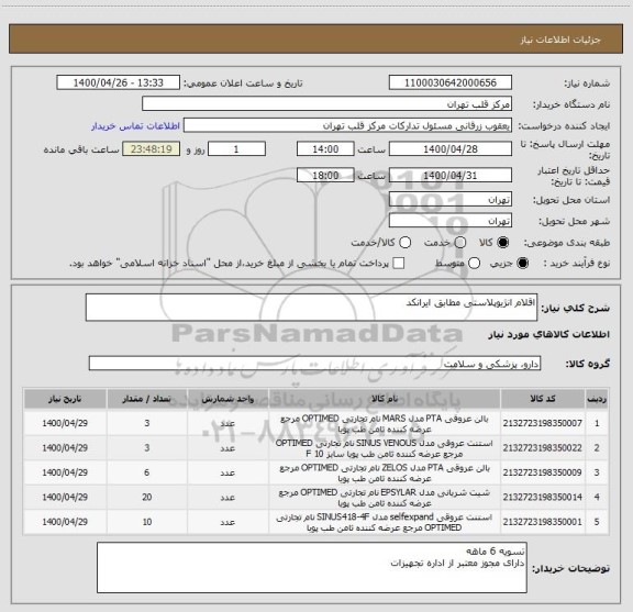 استعلام اقلام انژیوپلاستی مطابق ایرانکد