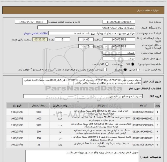 استعلام جدول پرسی بتنی 50*50*15 و40*50*15 وجدول کتابی 40*50*15 هر کدام 1000عدد سنگ لاشه کوهی 300تن ماسه شسته دو بار شور150تن و سیمان پاکتی 25تن