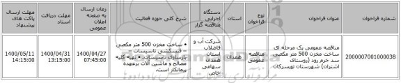 مناقصه عمومی یک مرحله ای ساخت مخزن 500 متر مکعبی سد خرم رود (روستای اشتران) شهرستان تویسرکان