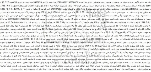 آگهی مزایده ششدانگ یک باب خانه به مساحت 58 / 221 متر مربع 