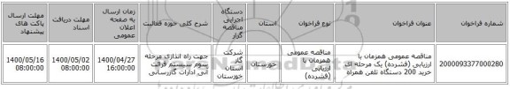 مناقصه عمومی همزمان با ارزیابی (فشرده) یک مرحله ای خرید 200 دستگاه  تلفن همراه