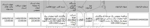 مناقصه عمومی یک مرحله ای واگذاری کلیه عملیات برق رسانی در حوزه امور توزیع برق منطقه یک رشت (حوزه شهری) 1400-105