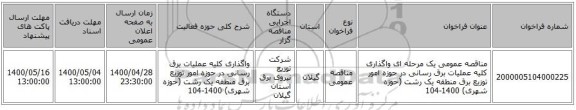 مناقصه عمومی یک مرحله ای واگذاری کلیه عملیات برق رسانی در حوزه امور توزیع برق منطقه یک رشت (حوزه شهری) 1400-104