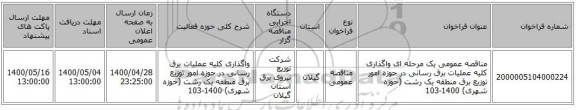 مناقصه عمومی یک مرحله ای واگذاری کلیه عملیات برق رسانی در حوزه امور توزیع برق منطقه یک رشت (حوزه شهری) 1400-103