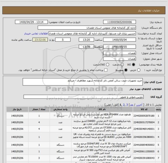 استعلام خرید تجهیزات صوت سالن آمفی تاتر کتابخانه شهید مظاهری - مریانج 