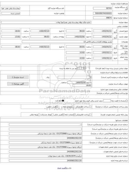  اجاره مکان بوفه بیمارستان ولی عصر(عج) بوانات