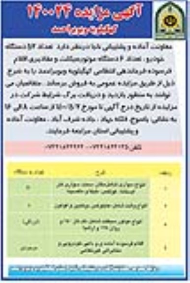 مزایده تعداد 52 دستگاه خودرو و تعداد 6 دستگاه موتورسیکلت و مقادیری اقلام فرسوده