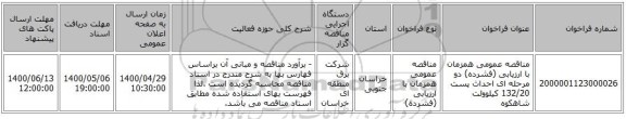 مناقصه عمومی همزمان با ارزیابی (فشرده) دو مرحله ای احداث پست 132/20 کیلوولت شاهکوه