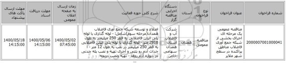 مناقصه عمومی یک مرحله ای اجرای بخشی از  شبکه جمع آوری فاضلاب مناطق پراکنده در سطح شهر ملایر