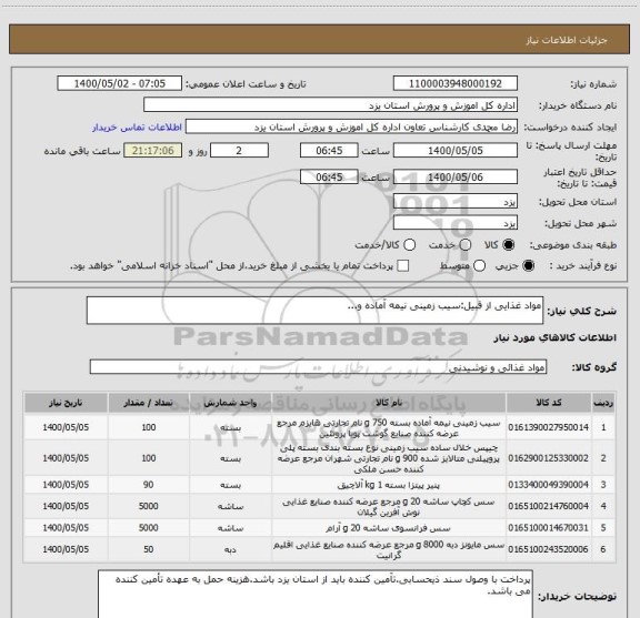 استعلام مواد غذایی از قبیل:سیب زمینی نیمه آماده و...