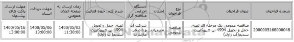 مناقصه عمومی یک مرحله ای تهیه، حمل و تحویل 4994 تن هیپوکلریت سدیم(آب ژاول)