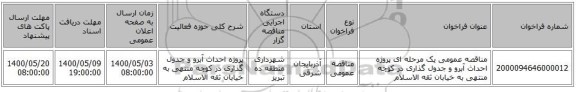 مناقصه عمومی یک مرحله ای پروژه احداث آبرو و جدول گذاری در کوچه منتهی به خیابان ثقه الاسلام