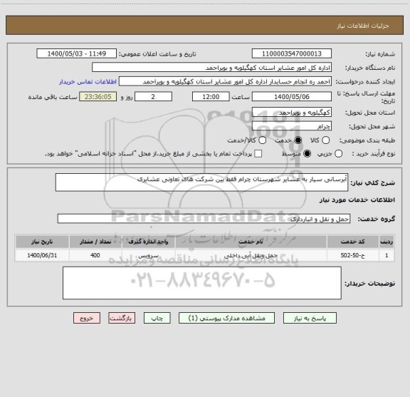 استعلام آبرسانی سیار به عشایر شهرستان چرام فقط بین شرکت های تعاونی عشایری