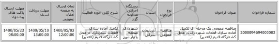 مناقصه عمومی یک مرحله ای تکمیل آماده سازی قطعات شهرداری در محل کشتارگاه قدیم (الغدیر)