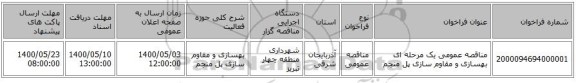 مناقصه عمومی یک مرحله ای بهسازی و مقاوم سازی پل منجم