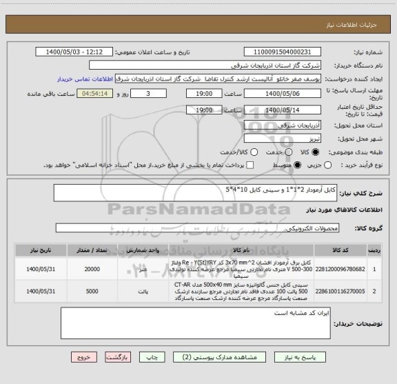 استعلام کابل آرمودار 2*1*1 و سینی کابل 10*4*5