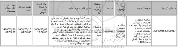 مناقصه عمومی همزمان با ارزیابی (فشرده) یک مرحله ای انجام حراست و حفاظت فیزیکی قسمت مرکزی و شمالی دانشگاه شهید چمران اهواز، درسال1400