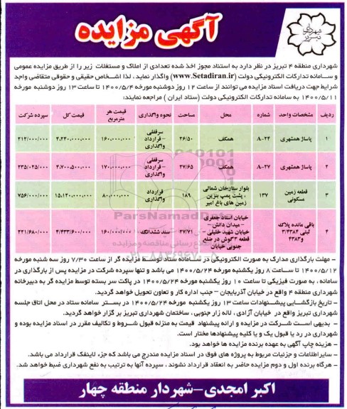 مزایده واگذاری تعدادی از املاک و مستغلات 