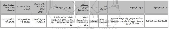 مناقصه عمومی یک مرحله ای  تهیه و تحویل تجهیزات یک بی خط جهت پستهای 63 کیلوولت