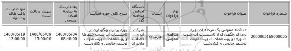 مناقصه عمومی یک مرحله ای بهره برداری ونگهداری از تاسیسات آب شرب  شهرها و روستاهای شهرستانهای نوشهر،چالوس و کلاردشت