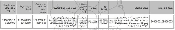 مناقصه عمومی یک مرحله ای بهره برداری ونگهداری از تاسیسات آب شرب  شهرها و روستاهای شهرستانهای گلوگاه و بهشهر و نکا