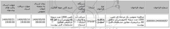 مناقصه عمومی یک مرحله ای تامین 1500 عدد دریچه کامپوزیتی آب با قطر 60 سانتیمتری مطابق مشخصات فنی پیوست