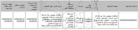 مناقصه عمومی یک مرحله ای خرید خدمات خودرویی مرکز بهداشت ، معاونت بهداشتی و دانشکده پرستاری و مامایی دانشگاه(بسته کاری دوم)