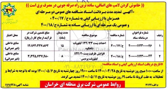 تمدید مناقصه احداث پست 132/33 کیلوولت 