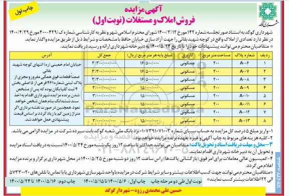 مزایده مزایده فروش املاک و مستغلات با کاربری مسکونی نوبت اول 