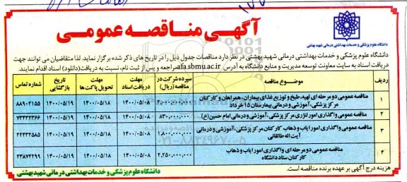 مناقصه تهیه، طبخ و توزیع غذای بیماران، همراهان ...